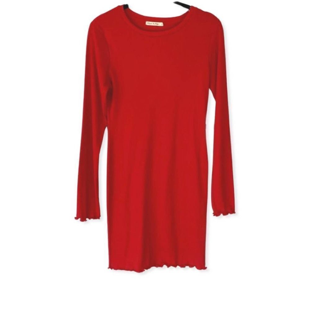 Heart & Hips Red Long Sleeve Lettuce Hem LS Knit Jersey Ribbed Dress size large